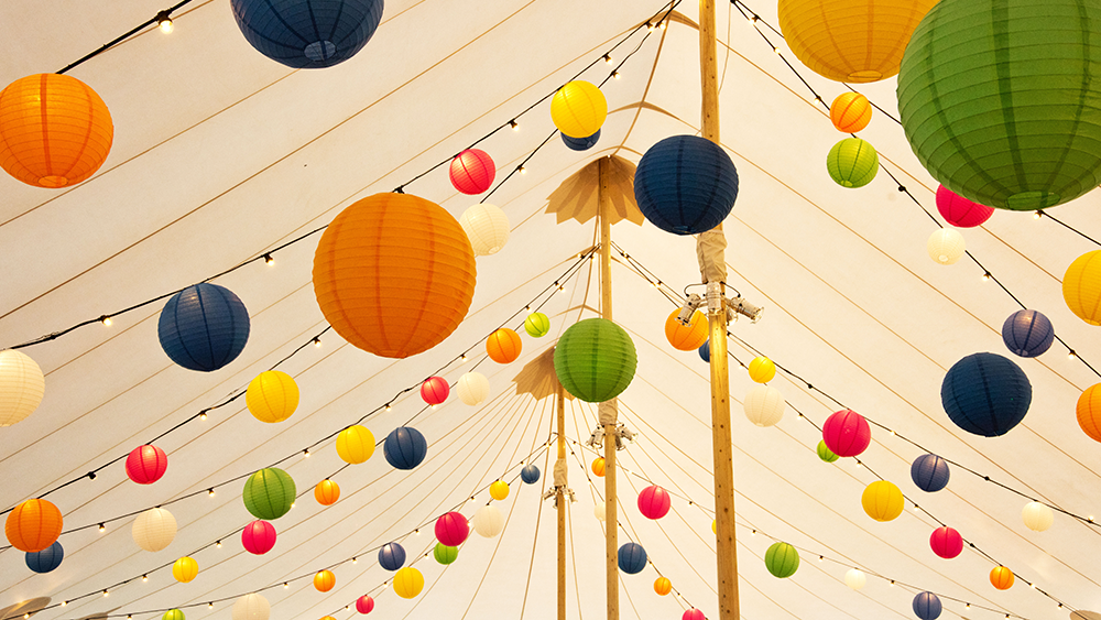 Coloured Lanterns decorate huge Sperry Tent at Angrove Park