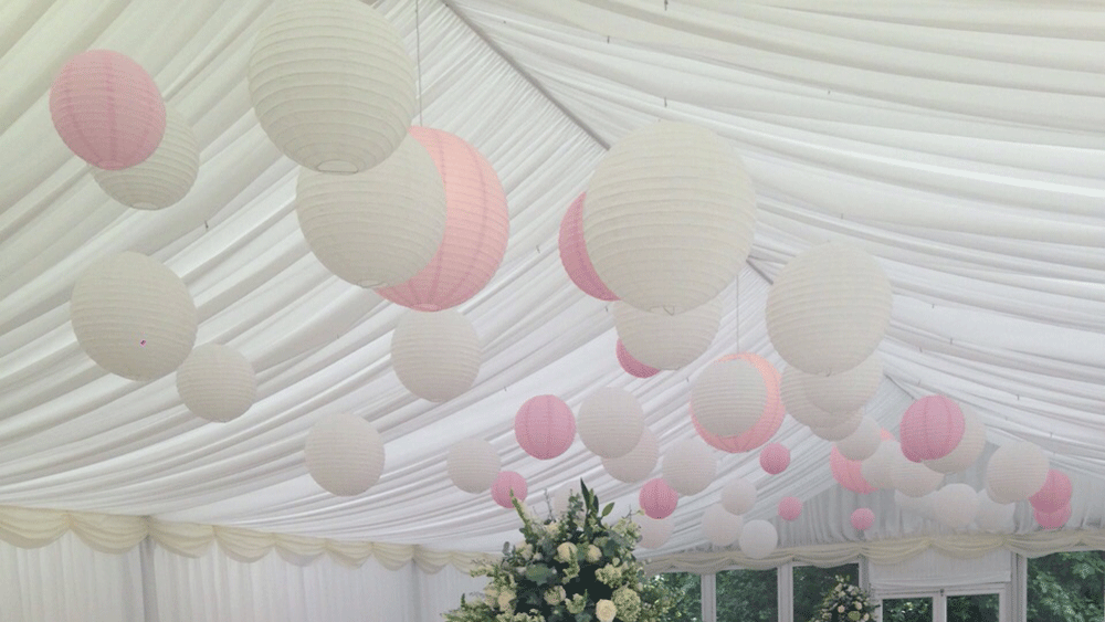 A Pavilion Marquee Decorated with White and Pink Paper Lanterns