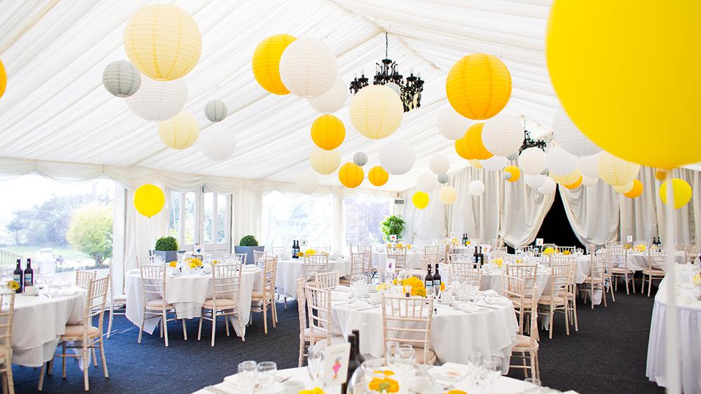 yellow and gray paper lanterns