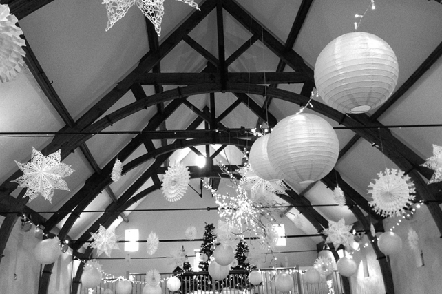 A Glistening Wedding at Long Furlong Barn with Snowflakes and Lanterns