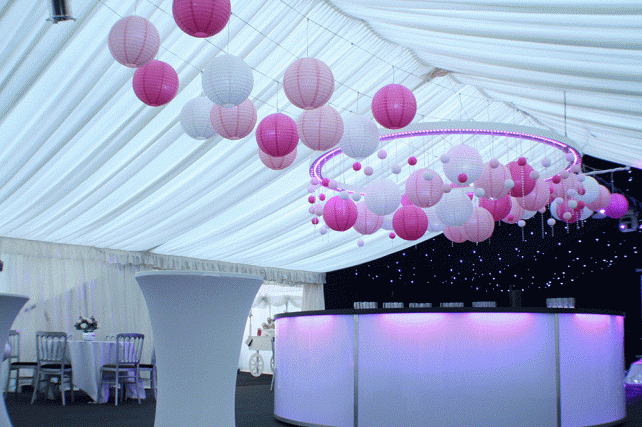 Fuchsia and pink paper lanterns in daytime