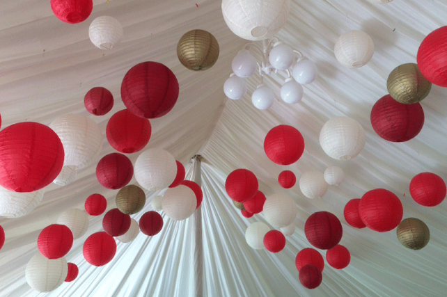 red and gold paper hanging lanterns