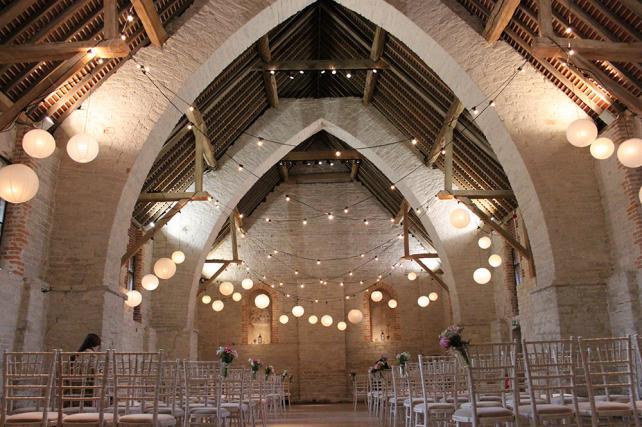 Tithe Barn with white lanterns