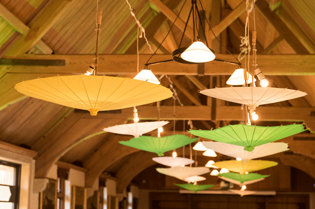 Hanging Paper Parasols for Spring Event at Waddesdon Manor